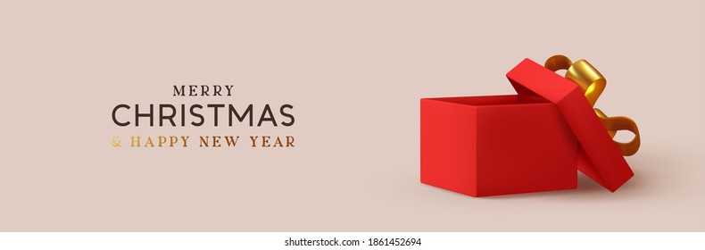 Christmas Empty Open gift box template. Xmas design Realistic decorative objects. Sale banner, surprise poster, flyer and brochure. mock up holiday. Celebrate birthday, anniversary, wedding.