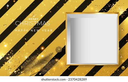 Christmas Empty Open gift box template. New Year's Day. Xmas design Realistic decorative objects. 3d gifts box. Sale banner, surprise poster, flyer. Mock up holiday. Celebrate. flat lay. Vector EPS10.