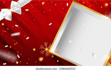 Christmas Empty Open Gift Box on a Red Background with Xmas Decoration Elements. Flat lay, top view, empty space for products. Christmas and New Year's gift. Birthday. Valentine's Day. Vector EPS10.