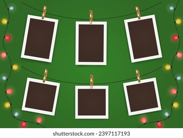 Christmas empty photo frame mockup with lights, tree and snowman. New Year realistic Scrapbook vector illustration on green background. Xmas blank framework picture template with shadows.