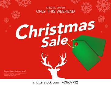Christmas end of year promotions green price tag sale banner , White reindeer isolated red background, Illustration vector