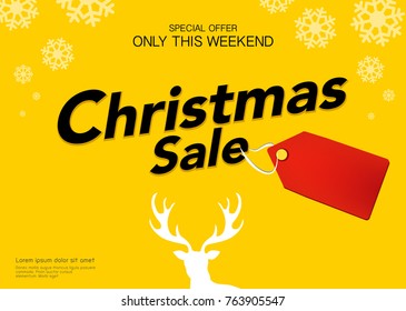 Christmas end of year promotions price tag sale promotion poster banner, White reindeer isolated yellow background, Illustration vector