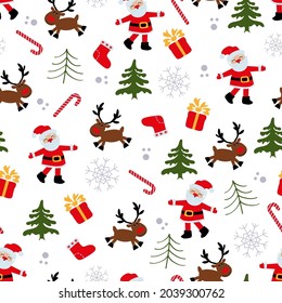 Christmas endless background. Cute stylized deer and Santa. Seamless repeat pattern. Cartoon doodle. Vector pattern, design for textiles, packaging, paper on a white background.