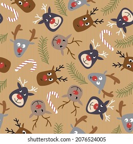Christmas endless background. Cute stylized deer, candy cane and spruce branch. Seamless repeat pattern. Cartoon doodle. Vector pattern, design for textiles, packaging, paper.