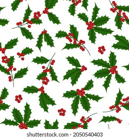Christmas endless background with pattern of holly branches. Simple design, winter texture on a white background. Seamless Repeat Pattern. Vector pattern for textiles, packaging, paper, wallpaper.