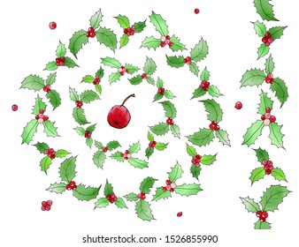 Christmas endless brush with beautiful holly wreaths. Holiday decoration. Vector set. For postcards, greetings, cards, logo, invitations. Hand drawn design elements with watercolor texture.