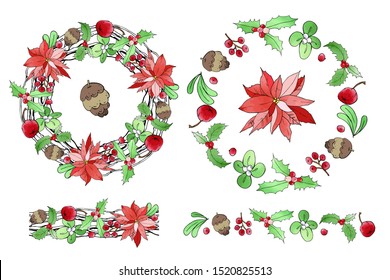 Christmas endless brush with beautiful wreath. Holiday decoration. Vector set. For postcards, greetings, cards, logo. Hand drawn design elements with watercolor texture. Poinsettia, mistletoe, holly.