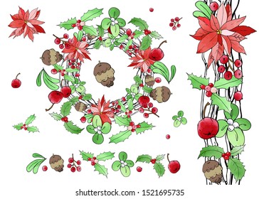 Christmas endless brush with beautiful wreath. Holiday decoration. Vector set. For postcards, greetings, cards, logo. Hand drawn design elements with watercolor texture. Poinsettia, mistletoe, holly.