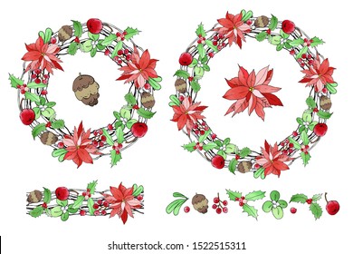 Christmas endless brush with beautiful wreath. Holiday decoration. Vector set. For postcards, greetings, cards, logo. Hand drawn design elements with watercolor texture. Poinsettia, mistletoe, holly.