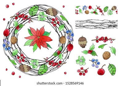 Christmas endless brush with beautiful wreath. Holiday decoration. Vector set. For postcards, greetings, cards, logo. Hand drawn design elements with watercolor texture. Poinsettia, mistletoe, holly.
