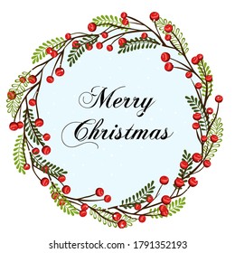Christmas endless brush from fir and rowan with wreath. Holiday seamless decoration. Illustration for postcards, greetings, cards, logo.