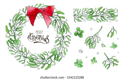 Christmas endless brush from mistletoe branch with beautiful wreath and bow. Holiday decoration. Vector set. For postcards, greetings, cards, logo. Hand drawn design elements with watercolor texture.