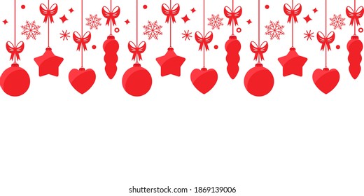 Christmas endless garland of Christmas tree decorations, balls, stars, hearts with bows and snowflakes. seamless pattern. vector illustration isolated on white background