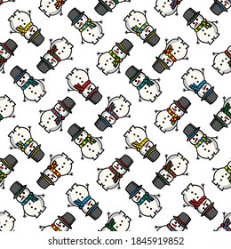 Christmas endless geometric seamless pattern. Snowman in hats and multi-colored scarves on a white background