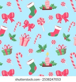 Christmas endless pattern. candies, socks, bows, candy