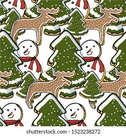 Christmas endless pattern. Fairy cartoons cute christmas ginger cookies forest brown deer, snowman, green christmas tree in white snow art design stock vector illustration for web, for print, for fabr