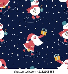 Christmas endless pattern with Santa Claus and a snowman on a dark background. A hand-drawn character for textiles, paper. Seamless vector background. Seamless Repeat Pattern. Cartoon doodles.