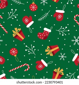 Christmas endless pattern with symbols of winter and holiday on a green background. Hand-drawn illustration for textiles, packaging, paper. Seamless vector background. Seamless Repeat Pattern.