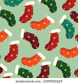 Patrón de Navidad interminable con símbolos de invierno y vacaciones en un fondo verde claro. Fondo vectorial impecable. Patrón de repetición sin problemas. Navidad Calcetines Patrón colorido.