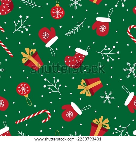 Christmas endless pattern with symbols of winter and holiday on a green background. Hand-drawn illustration for textiles, packaging, paper. Seamless vector background. Seamless Repeat Pattern.