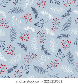 Christmas endless pattern with winter branches and berries on a blue background. Hand-drawn illustration for textiles, packaging, paper. Seamless vector background. Seamless Repeat Pattern.