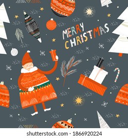 Christmas endless pattern for wrapper, design, print, etc. Flat vector seamless pattern with ornaments and Christmas attributes. 