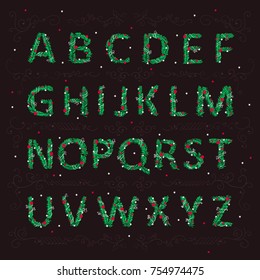 Christmas English alphabet in the form of needles of a Christmas tree with toys.