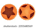 Christmas english mince pie with star top view in cartoon style isolated on white background. Holiday food, traditional pastry