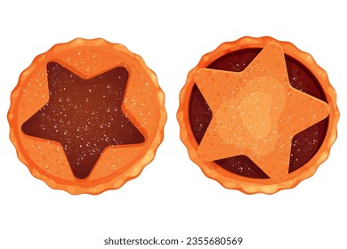 Christmas english mince pie with star top view in cartoon style isolated on white background. Holiday food, traditional pastry