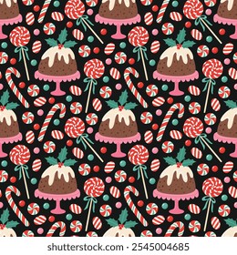 Christmas English pudding and candies seamless pattern. Holiday traditional desserts background. Flat vector illustration