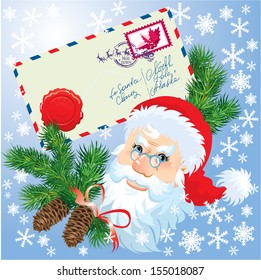 Christmas envelop and Santa Claus head with fir tree branches and cones on blue snow background