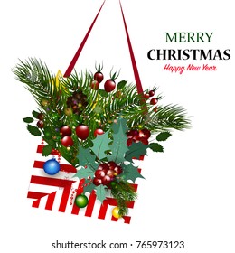 Christmas envelope with branches of spruce, red berries, Christmas decorations on a white background. Merry Christmas. Happy new year.