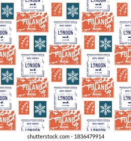 Christmas envelope with cute stamps. Mail Envelope, Stickers, Stamps And Postcard Vintage Style Vector seamless pattern. Winter holidays background letter. Paper mail blank. Postcard message gift.