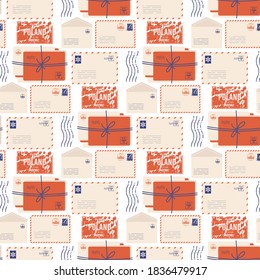 Christmas envelope with cute stamps. Mail Envelope, Stickers, Stamps And Postcard Vintage Style Vector seamless pattern. Winter holidays background letter. Paper mail blank. Postcard message gift.