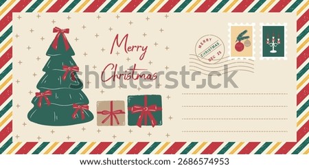 Christmas envelope design, Christmas mail with a decorated tree, gift boxes, and postage stamps. Holiday card template for the winter holidays. Vector.
