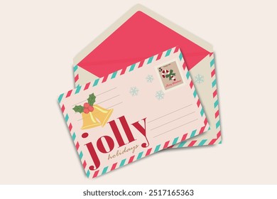 Christmas envelope and greeting card with Christmas  bell, holly leaves and holiday stamp on colorful background. Minimal art template winter holiday design.