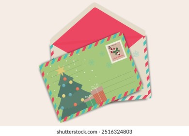 Christmas envelope and greeting card with festive tree design and holiday stamp on colorful background. Minimal art template winter holiday design. 