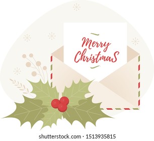 Christmas envelope with holly branch. Vector concept for greeting cards, banners, flyers.