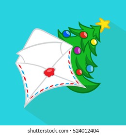 Christmas envelope with a letter and a tree on a blue background. Bright Christmas picture. Vector illustration. 