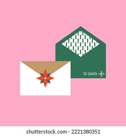 Christmas envelope with poinsettia, letter to Santa Claus, pattern with christmas trees.Colored flat vector illustration isolated on pink background.