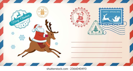 Christmas envelope with Santa Claus, seals and postage stamp. Santa Claus rides on reindeer. Festive envelope Merry Christmas and New Year. Vector illustration