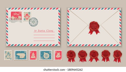 Christmas envelope with Santa in stamp and postage stamps, Snowman in stamp. Vector illustration