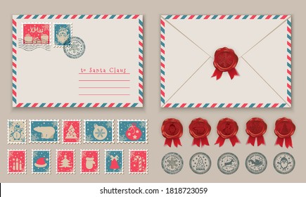 Christmas envelope with Santa in stamp and postage stamps, Snowman in stamp. Vector illustration