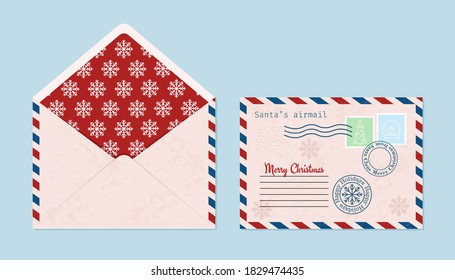 Christmas envelope with seals, stamps, open and closed. Cute vector illustration