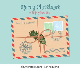 Christmas envelope with seals, stamps, and Christmas tree branch, tied with a rope. Cute vector illustration