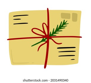 Christmas envelope with seals, stamps, and Christmas tree branch, tied with a rope. Cute vector illustration