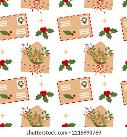 Christmas envelope with stamps and branch tied with rope. Seamless pattern. Can be used for web page background fill, surface texture