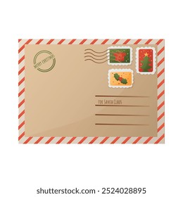 Christmas envelope with stamps. Letter for Santa Claus. Isolated illustration for card, postcard, cover. EPS 10