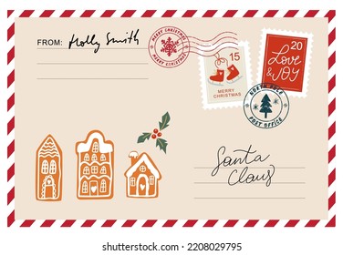 Christmas envelope with stamps, seals, gingerbread houses and inscriptions to Santa Claus.