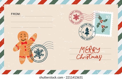 Christmas envelope with stamps, seals, gingerbread man and inscriptions Merry Christmas.